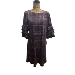 Gabby Skye Women'sโ Size 10 Plum Teal Plaid Ruffle Sleeve Cozy Knit Dress